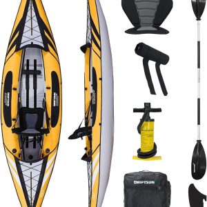 Driftsun Almanor Inflatable Kayak - Inflatable Touring Kayak - Inflatable 1 and 2 Person Kayaks for Adults with EVA Padded Seats, High Back Support, Paddles, Pump (1 Person, 2 Person, 2 Plus 1 Child)