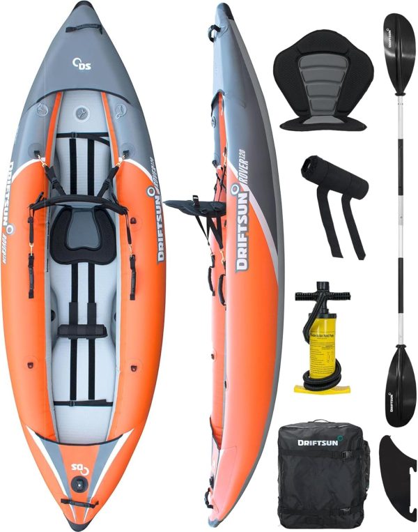Driftsun Rover Inflatable Kayak - Inflatable White Water Kayak - Inflatable 1 and 2 Person Kayaks for Adults with High Pressure Floor, Padded Seats, Action Cam Mount, Aluminum Paddles, and Pump