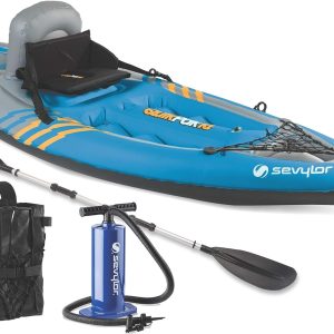 Sevylor QuickPak K1 1-Person Inflatable Kayak, Kayak Folds into Backpack with 5-Minute Setup, 21-Gauge PVC Construction; Hand Pump & Paddle Included
