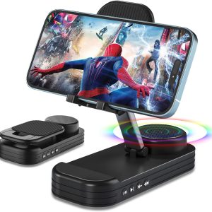 Tech Gift for Men, Cell Phone Stand with Bluetooth Speaker for Him Dad Women Who Want Nothing, Adjustable Tablet Holder with Wireless Speaker Desktop Tech Gadgets Unique Ideal Gift (Black)