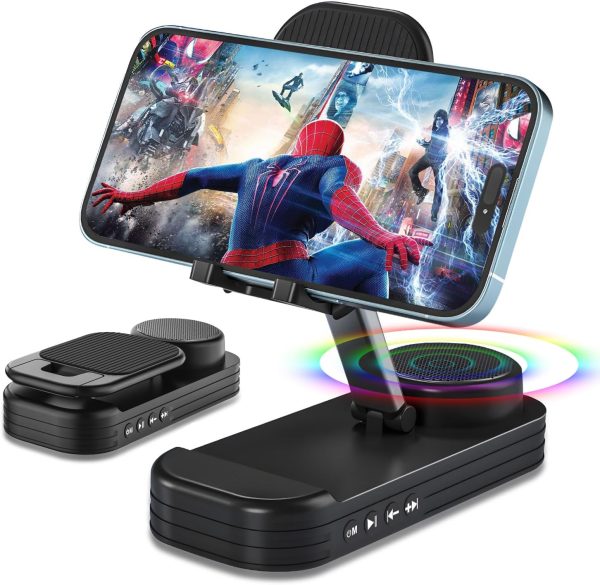 Tech Gift for Men, Cell Phone Stand with Bluetooth Speaker for Him Dad Women Who Want Nothing, Adjustable Tablet Holder with Wireless Speaker Desktop Tech Gadgets Unique Ideal Gift (Black)